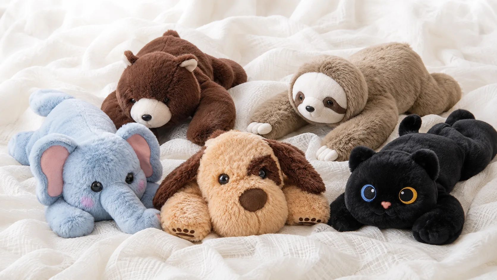 Sélection de peluches lestées : ours, paresseux, éléphant, chien et chat