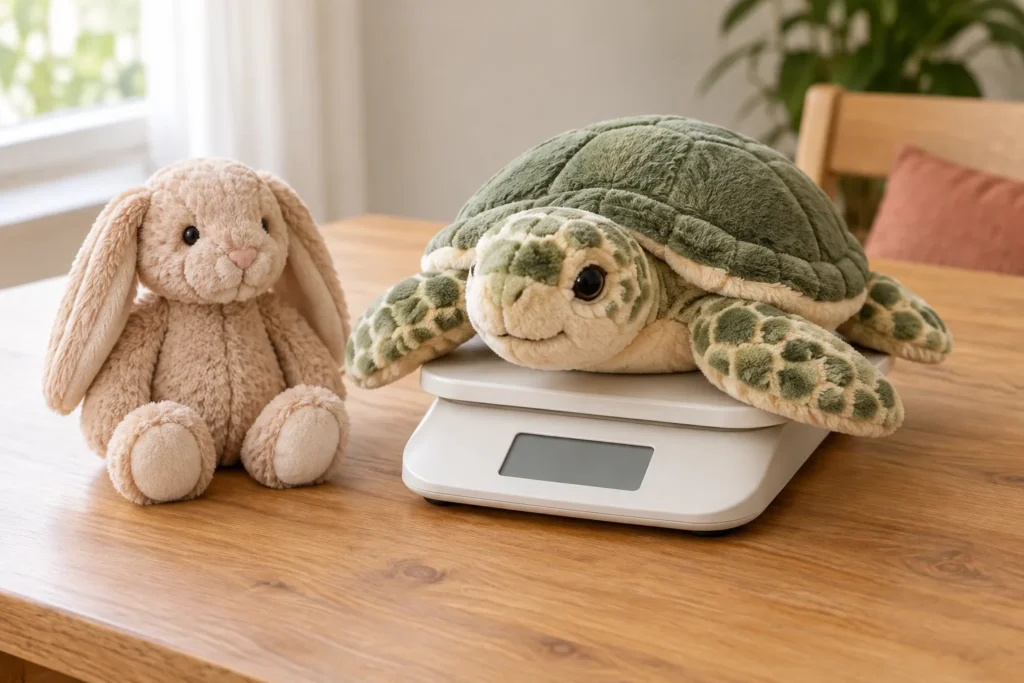 Peluche lestée tortue posée sur une balance près d’un lapin