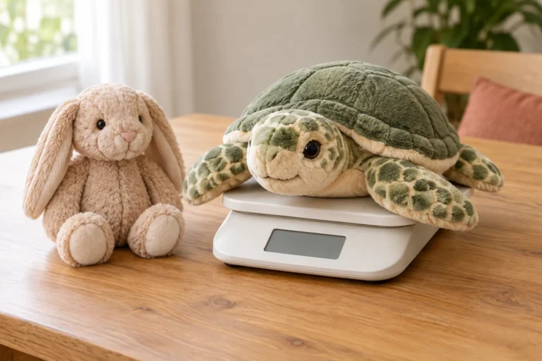 Peluche lestée tortue posée sur une balance près d’un lapin
