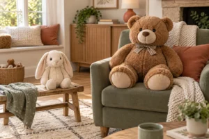 Petite peluche lapin et grande peluche ours dans un salon