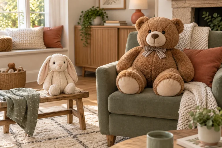 Petite peluche lapin et grande peluche ours dans un salon