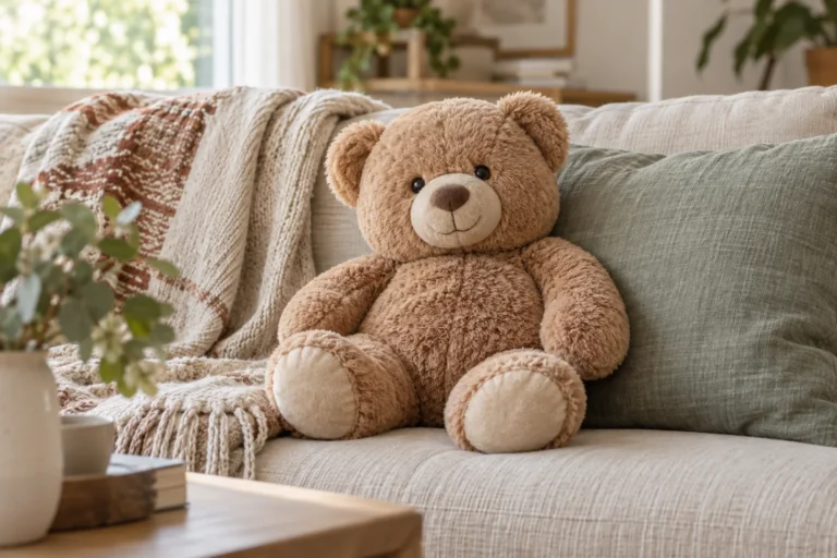 Peluche lestée ours installée sur un canapé
