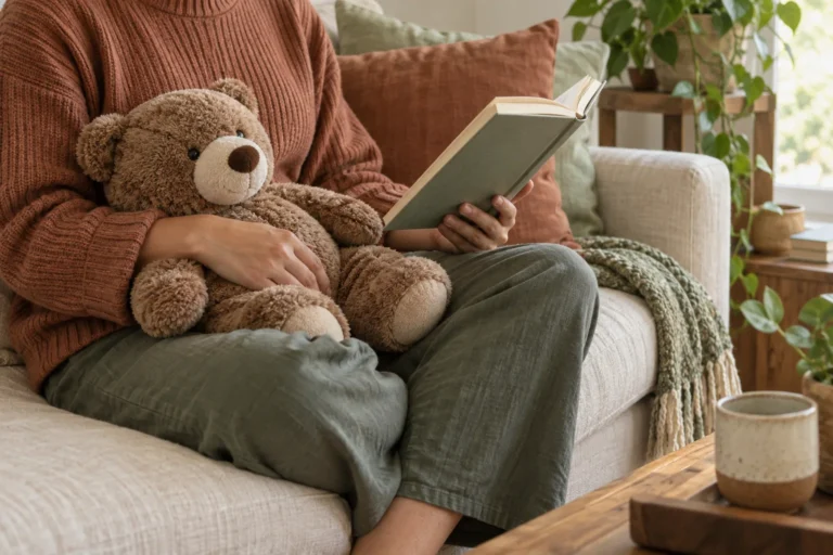 Adulte lisant avec une peluche lestée posée sur les genoux