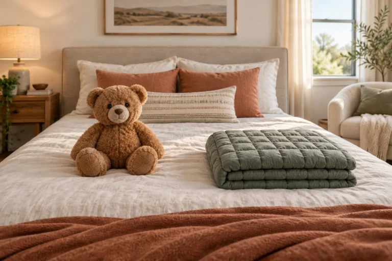 Peluche lestée et couverture lestée présentées sur un lit
