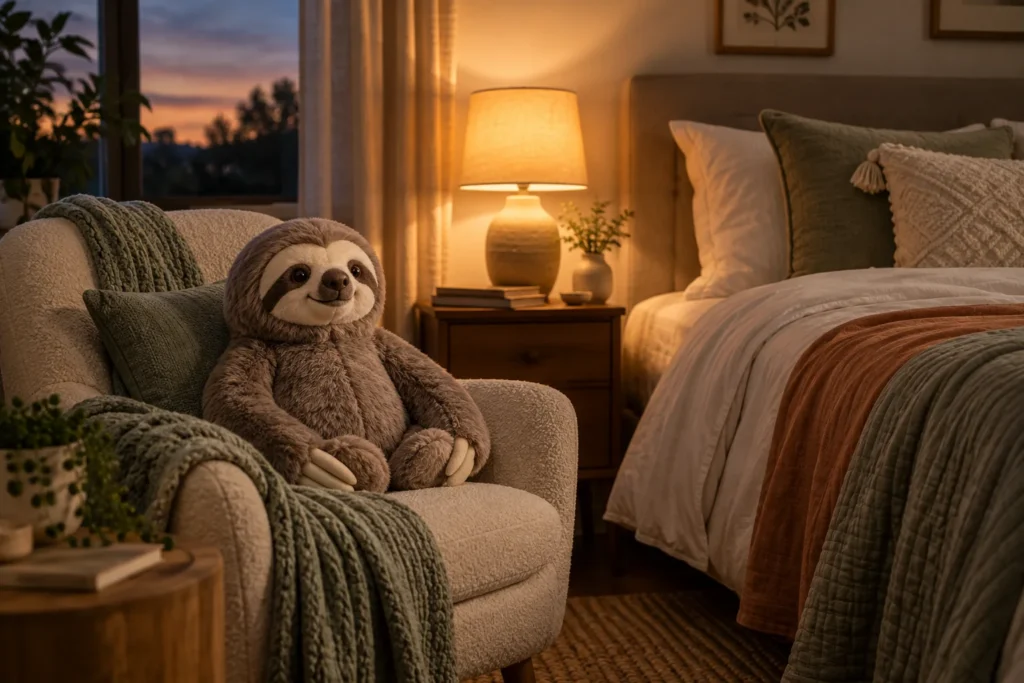 Peluche lestée paresseux posée sur un fauteuil près du lit