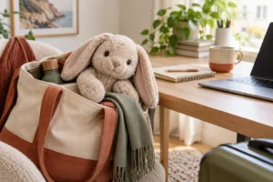 Peluche lestée lapin dans un sac près d’un bureau