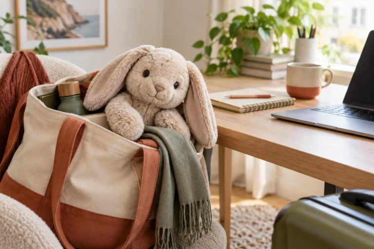 Peluche lestée lapin dans un sac près d’un bureau